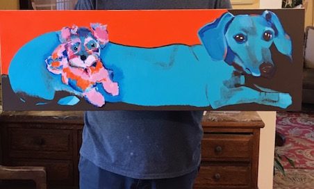 Charles with his new painting of Chili the Turquoise Peer and Poppie